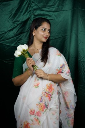 Seetha's Breezy White Floral Linen Cotton Saree