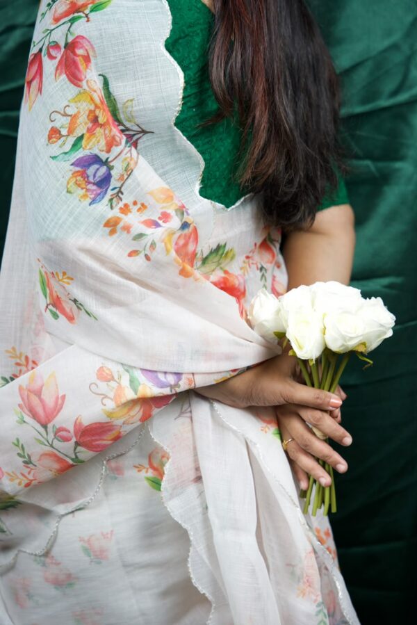 Seetha's Breezy White Floral Linen Cotton Saree
