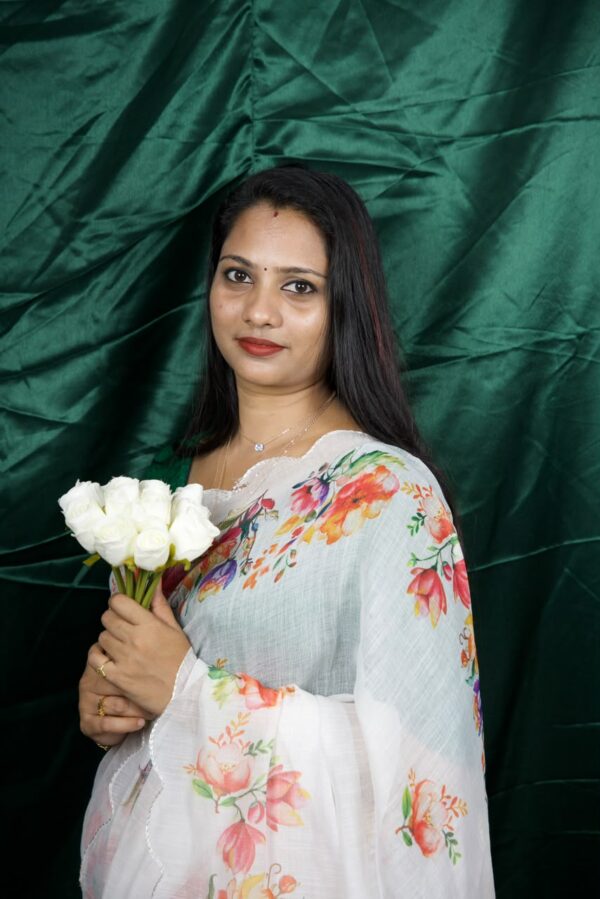 Seetha's Breezy White Floral Linen Cotton Saree