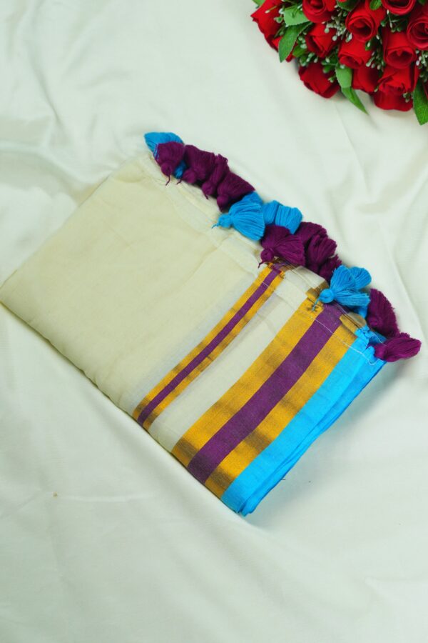 Seetha’s Pure Mul Cotton Saree with Striped Zari & Multi-Color Tassels