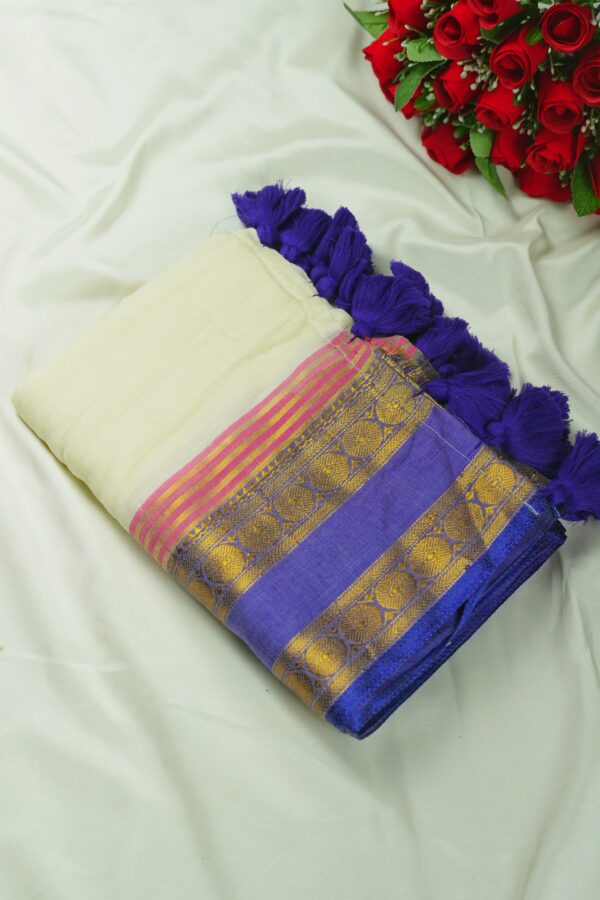 Seetha’s Pure Mul Cotton Saree with Circular Motif Zari Border & Tassels