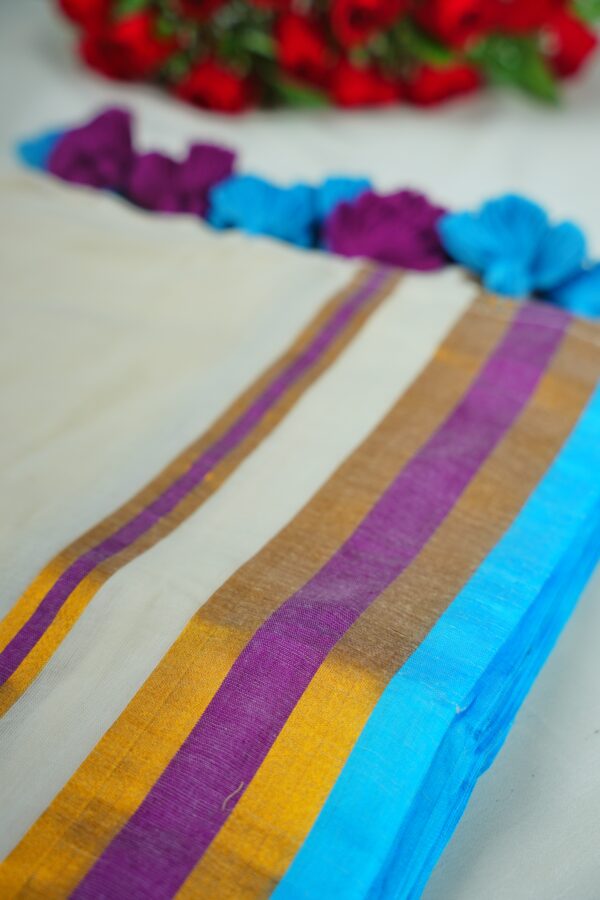 Seetha’s Pure Mul Cotton Saree with Striped Zari & Multi-Color Tassels